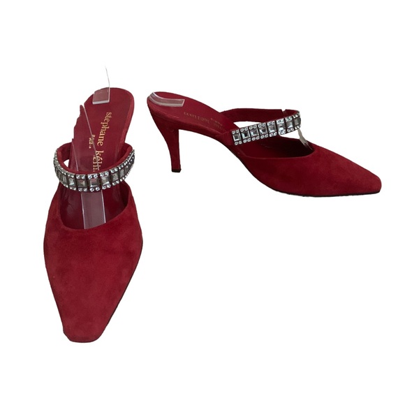 Vintage 90s Stephane Kelian Red Suede Mules Rhinestone Straps sz 8 - Picture 7 of 10